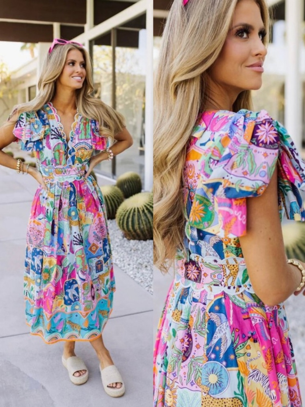 NWT J.Marie Sloane Bow Sleeve Celestial Zodiac Colorful Boho Midi Dress